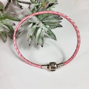 Authentic PANDORA Leather Bracelet Braided Pink 925 Silver Barrel Clasp Charm